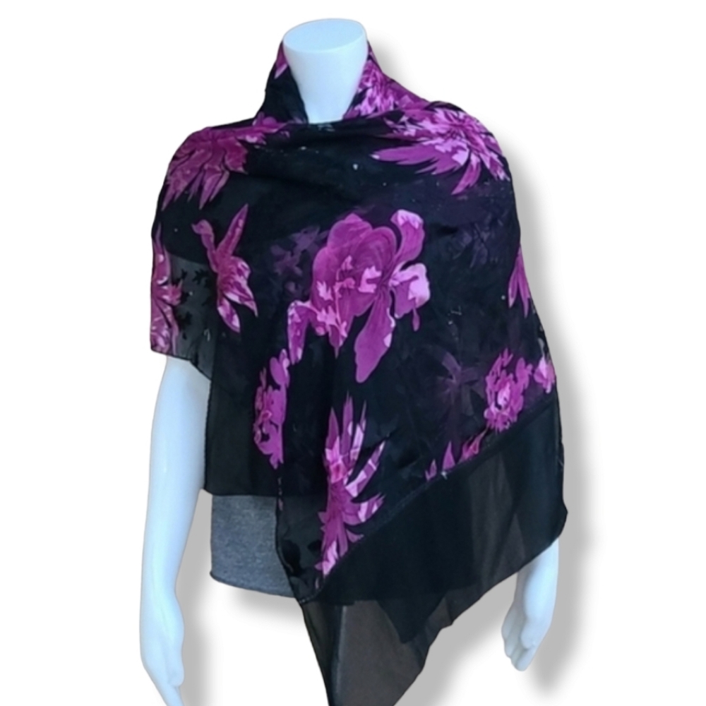 EGYPT Black Purple Floral Rectangular Scarf Semi Sheer Burnout Wrap Shayla Hijab - Picture 13 of 16